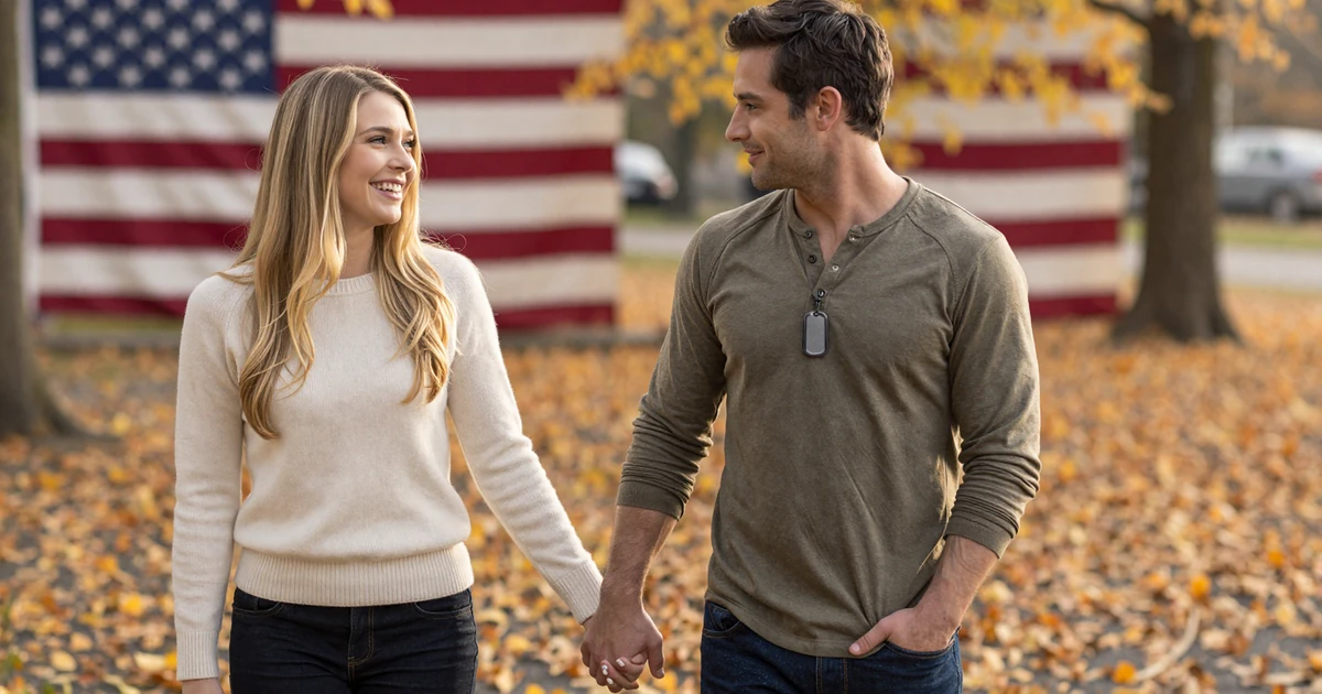 Service member and partner sharing an autumn walk - finding love during military service