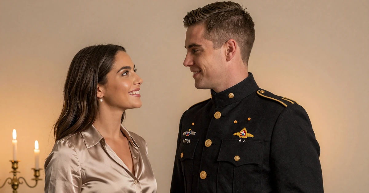 Active duty military officer in dress uniform with elegant partner at golden hour - guide to dating a military man