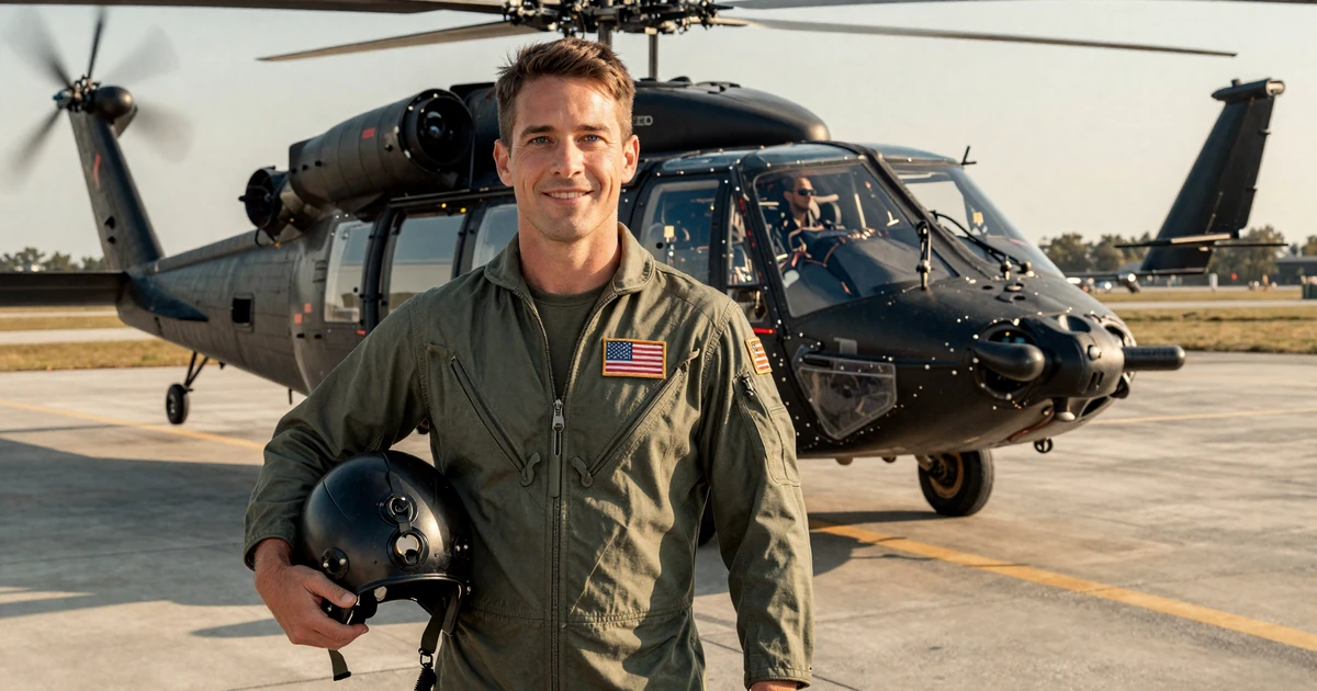 Verified military pilot wearing flight suit beside Black Hawk helicopter on Honor Hearts aviator dating site